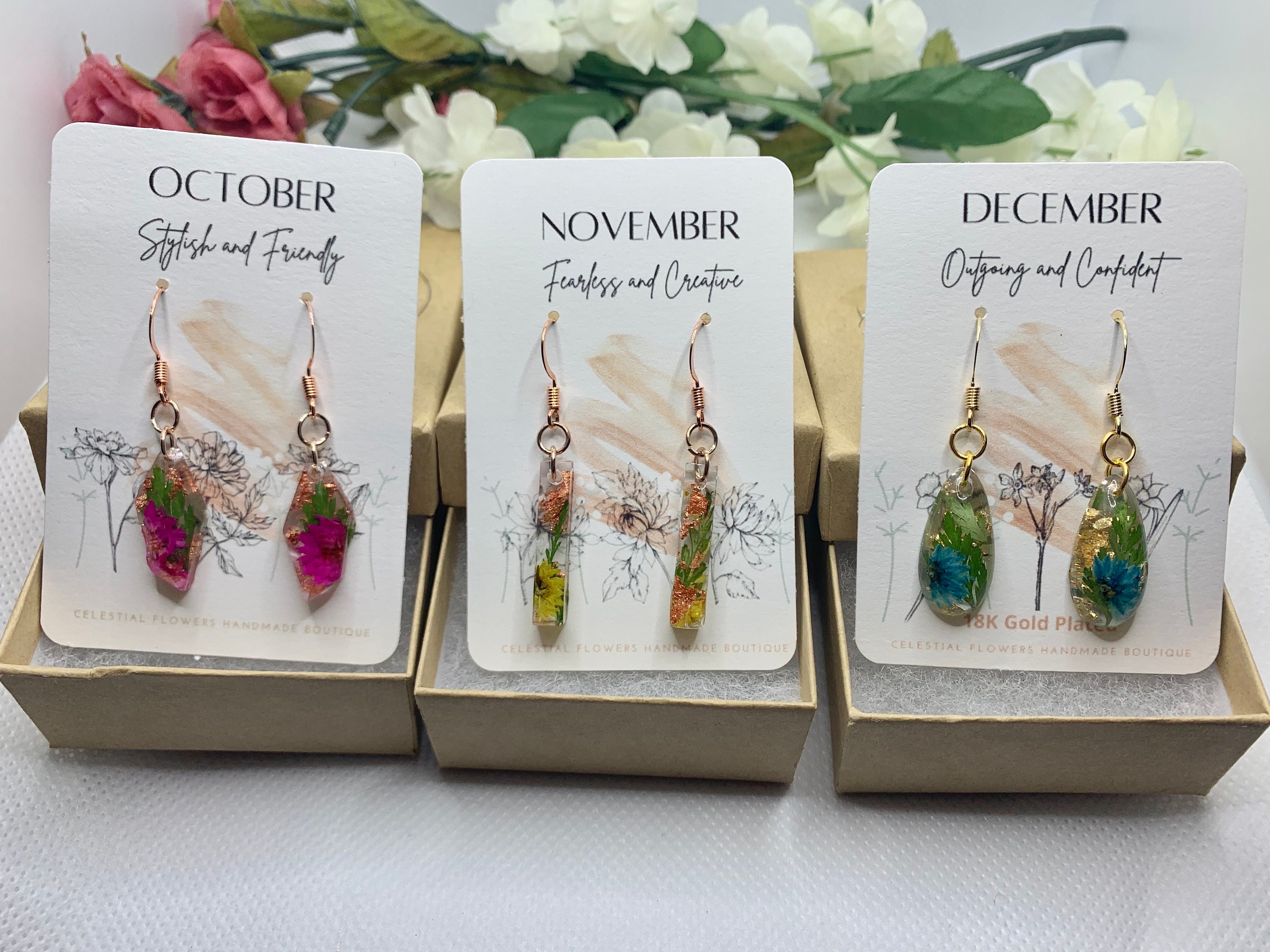 ❤️Buy 2 Pair FREE SHIPPING❤️|Earrings, Birth Month Birthstone Real Flower Color, Gift for her, Personalized Handmade, Pressed Flower Leaves Pendant, Birthday Resin May