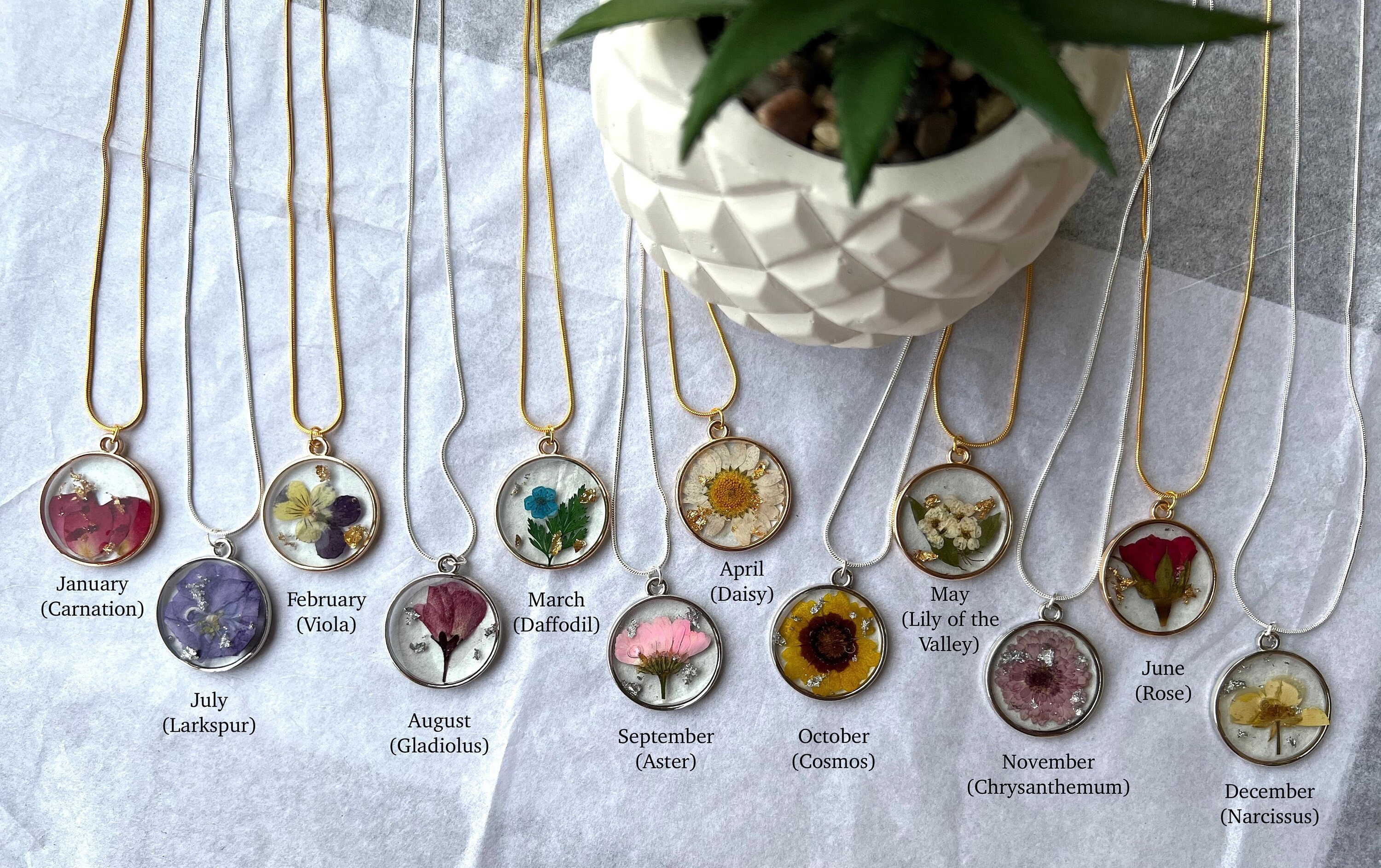 Handmade Birth Flower Resin Necklace Gift
