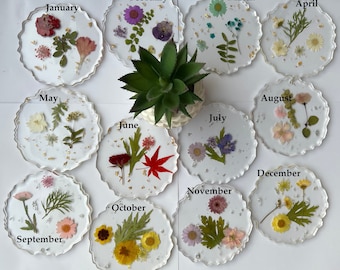 Handmade Coasters, Birth Month Birthstone Real Flower Color, Gift for her, Personalized, Pressed Flower Leaves Pendant, Birthday Gift Set