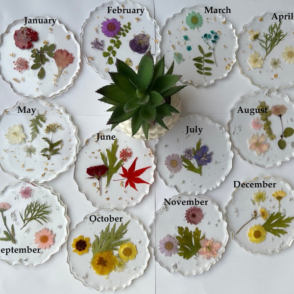 Handmade Coasters, Birth Month Birthstone Real Flower Color, Gift for her, Personalized, Pressed Flower Leaves Pendant, Birthday Gift Set