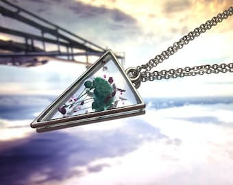 Personalized Gift Necklace Triangle Pendant Real Pressed Flowers Handmade Gift for her custom Birthday Gift May Stainless Gold Copper Silver