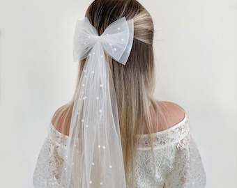 Pearl Tulle Bridal Hair Bow Clip: Wedding Veil Alternative