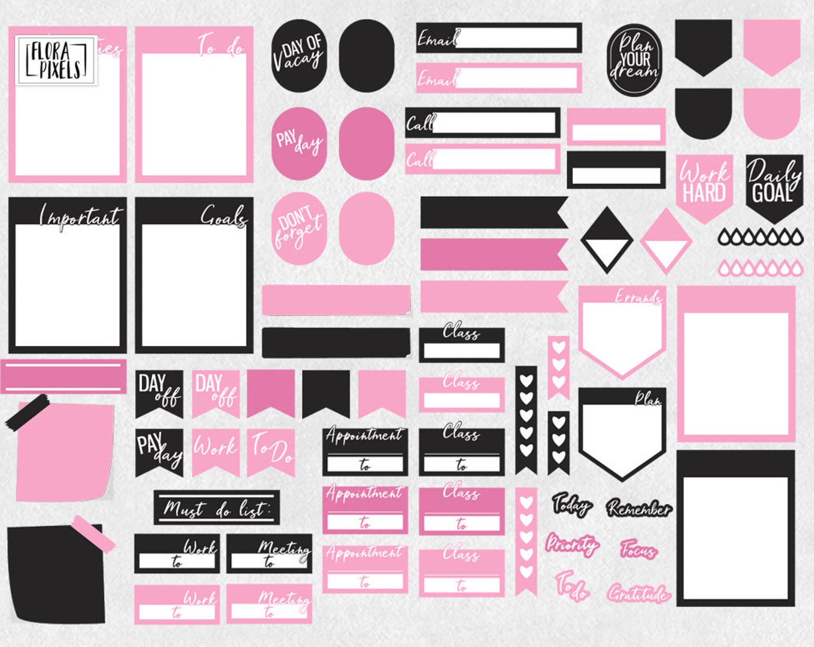 Digital Pink and Black Stickers Productivity Goodnotes Etsy.de