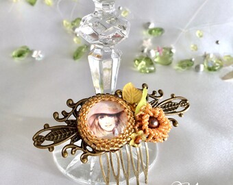 Vintage Haarkamm mit Cabochon und Blume aus Perlen orange braun Bronze Haar Accessoire Kamm elegant Haarschmuck Blatt gefädelte Blume