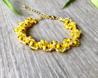 Armband met gele gouden kralen, armband met spiraalvormige craquelé kralen, kleurrijke armband, cadeau, gele armband