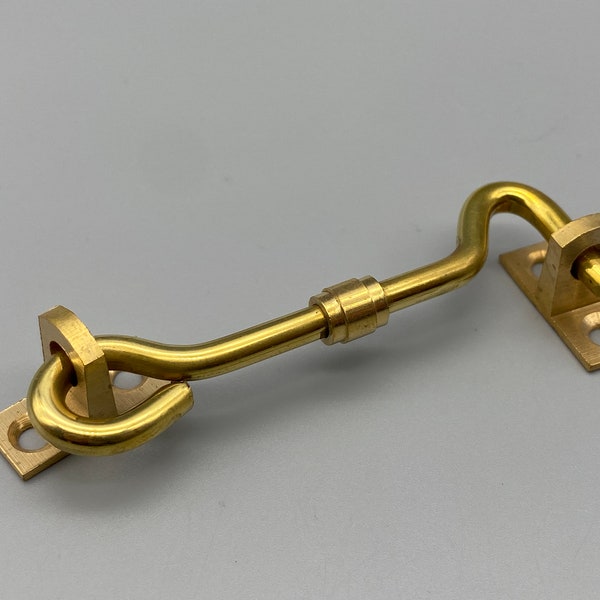 2x SOLID BRASS IRONWARE - Brass Cabin Hook / Door Hook and Eyelet - 75mm / 100mm - Shiny Finish - Pack of 2