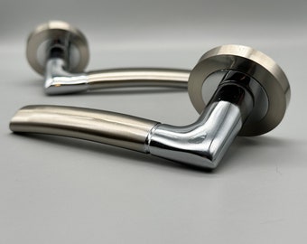 Stunning Two Tone Door Lever on Rose Set - Satin Nickel & Chrome Plated Levers - 52x9mm - Spindle Included