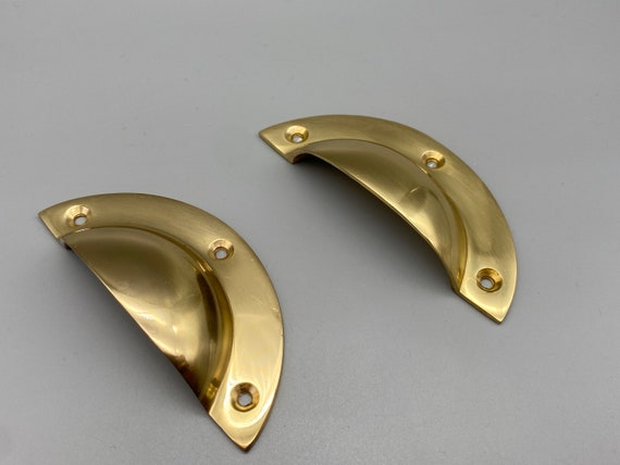 2x Solid Brass Cup Handles Front Fix Half Moon Pulls 90MM 3.5 Inch