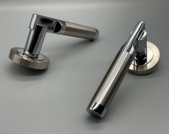 Two Tone Door Lever on Rose Set - Satin Nickel & Chrome Plated Levers - 52x9mm - Spindle Included