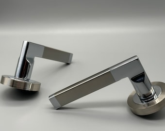 Two Tone Door Lever on Rose Set - Satin Nickel & Chrome Plated Levers - 52x9mm - Spindle Included