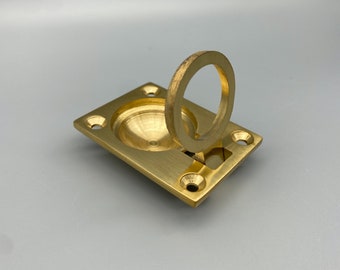 2x Solid Brass Ring Handles - Front Fix Flush Ring Pulls - 50x37.5mm - Drawer / Wardrobe Pulls - Pack of 2