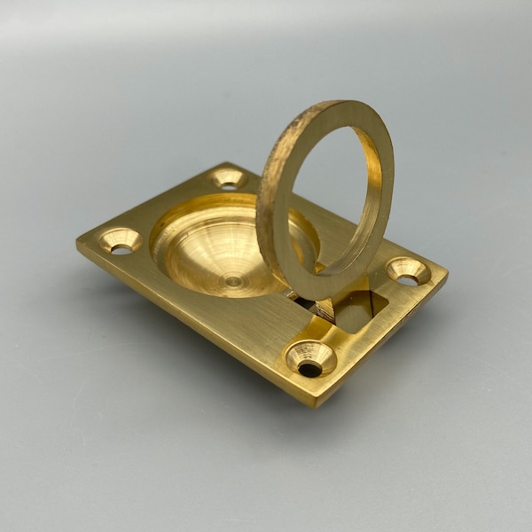 2x Solid Brass Ring Handles - Front Fix Flush Ring Pulls - 50x37.5mm - Drawer / Wardrobe Pulls - Pack of 2