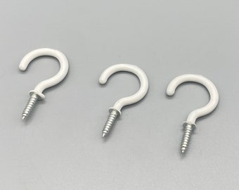 50mm WHITE CUP HOOKS - Kitchen Metal Screw Hooks For Mugs & Cups - Soft Plastic White Coating