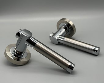 Two Tone Door Lever on Rose Set - Satin Nickel & Chrome Plated Levers - 52x9mm - Spindle Included