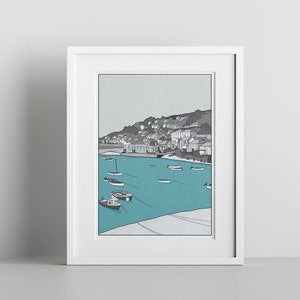 Mousehole harbour Cornwall - digital illustration print in A4 and A3