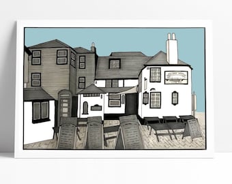 The Sloop Inn, St Ives, Cornwall - Pen & Marker illustration print A4