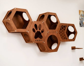 Modern Solid Wood Cat Wall House: Hexagon Shelves & Bed Set