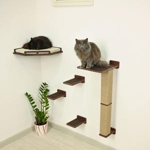 Set Cat Play Furniture, Cat Wall Scratcher, Corner Cat Shelf, Cat Steps, Wall Mounted Cat Tree, Modern Cat Wall Furniture of Solid Wood
