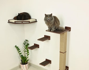 Set Cat Play Furniture, Cat Wall Scratcher, Corner Cat Shelf, Cat Steps, Wall Mounted Cat Tree, Modern Cat Wall Furniture of Solid Wood