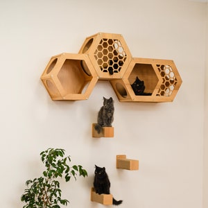 Hexagon Cat Shelf, Cat Wall Furniture, Cat Wall Shelves, Modern Cat Furniture for Large Cats, Large Hexagon Cat Shelf for Wall Mounting