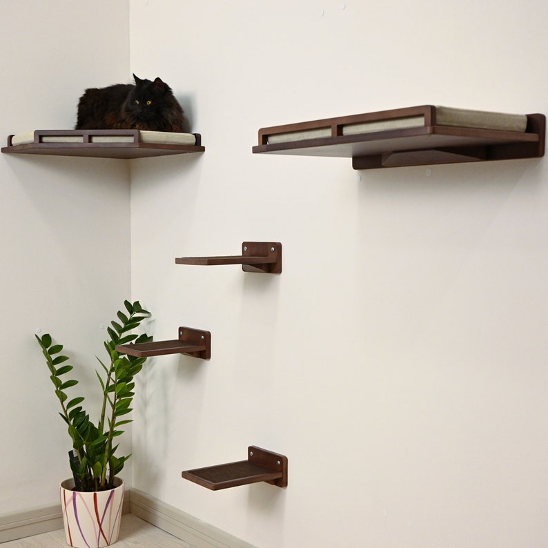 May include: A set of wooden cat shelves in a corner, with a black cat resting on one. The shelves are various sizes and shapes, with a light-colored cushion on the top shelves. A potted plant is in the corner.