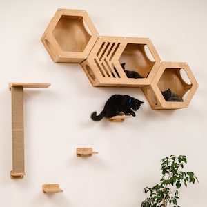Set of Hexagonal Cat Furniture for the Wall, Cat Wall Scratcher, Hexagon Cat Shelves for Wall, Cat Wall Shelves, Large Cat Hexagon Bed Wall