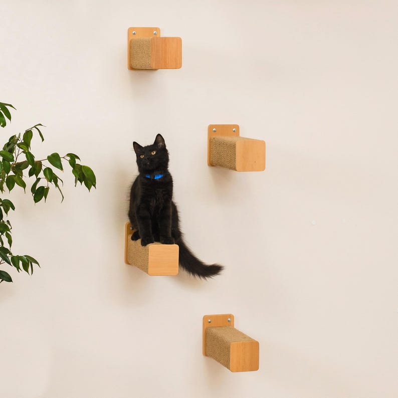 Natural Wood Cat Step with Jute: Wall Mounted Cat Furniture 画像 2