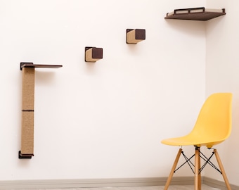 Solid Wood Cat Wall Furniture Set: Corner Shelf, Scratching Post & Steps