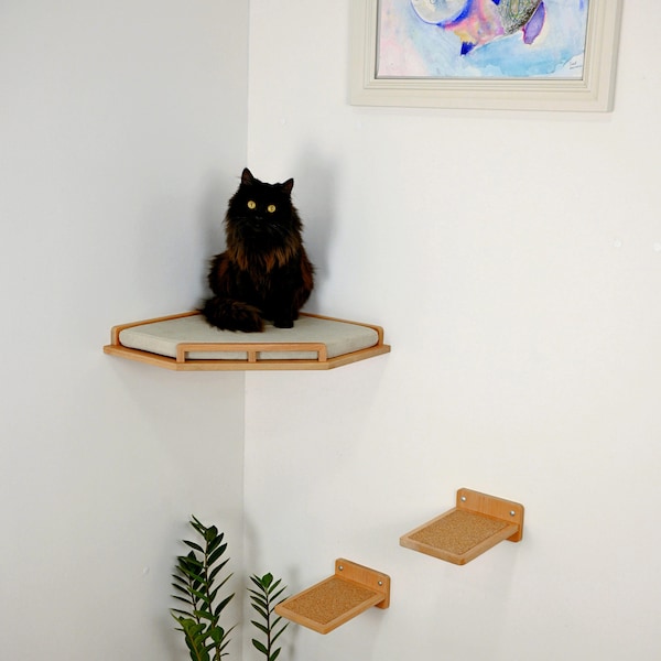 Corner cat shelf with pillow + 3 Steps, Cat corner wall bed, Cat wall furniture, Corner Cat Shelf for wall,  Modern cat furniture, Cat wall