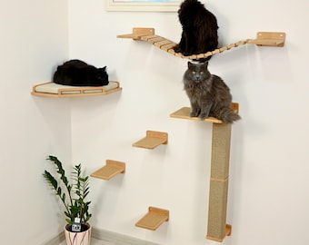 Handcrafted Cat Wall Furniture Set: Corner Bed, Scratcher, Steps & Bridge