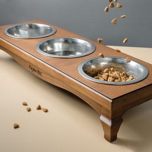 Handgemaakte massief houten kattenvoerbak met drie schalen, drievoudige voerbak voor kattenvoer, voerbak met 3 voerbakken, verhoogde voerbak, voerbak verhoogd