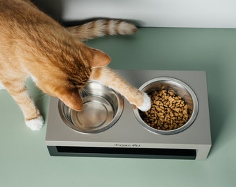 Elevated Cat & Small Dog Feeder: Modern Gray Wood, Two Stainless Steel Bowls