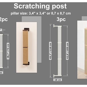 May include: Image of cat scratching posts. The text reads "Scratching post" and "pillar size: 3.4" x 3.4" or 8.7 x 8.7 cm". The posts are made of natural fiber and are available in 2-piece and 3-piece sets. The 2-piece post is 31.5"/80 cm tall, and the 3-piece post is 45.7"/116 cm tall.