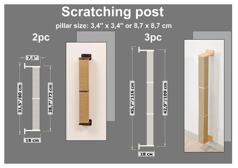 May include: Image of cat scratching posts. The text reads "Scratching post" and "pillar size: 3.4" x 3.4" or 8.7 x 8.7 cm". The posts are made of natural fiber and are available in 2-piece and 3-piece sets. The 2-piece post is 31.5"/80 cm tall, and the 3-piece post is 45.7"/116 cm tall.