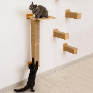 May include: A cat tree with a platform and scratching post, with additional wall-mounted steps. A gray cat sits on the platform, while a black cat reaches up towards the scratching post. The cat tree is made of wood and rope.