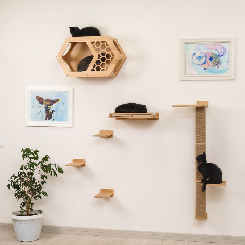 May include: A set of wall-mounted cat furniture, including a honeycomb-shaped cat house, a platform with a cat bed, and a tall scratching post with a platform. The furniture is made of wood and has a natural finish. There are three black cats in the image, one in the cat house, one on the platform, and one on the scratching post.