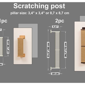 May include: Image of cat scratching posts. The text on the image says "Scratching post" and "pillar size: 3.4" x 3.4" or 8.7 x 8.7 cm". The image shows two different styles of scratching posts, one with a single post and another with two posts. The posts are made of a natural fiber material.