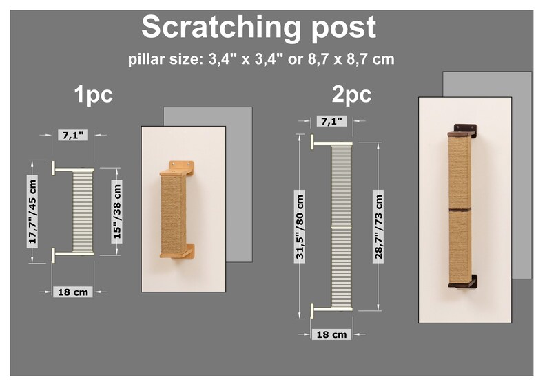 May include: Image of cat scratching posts. The text on the image says "Scratching post" and "pillar size: 3.4" x 3.4" or 8.7 x 8.7 cm". The image shows two different styles of scratching posts, one with a single post and another with two posts. The posts are made of a natural fiber material.