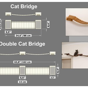 May include: Diagrams of cat bridges, including a single bridge (34.6"/88 cm long) and a double bridge (63.8"/162 cm long). The bridges are made of wood and designed to be mounted on a wall. The image also shows a cat using a bridge.