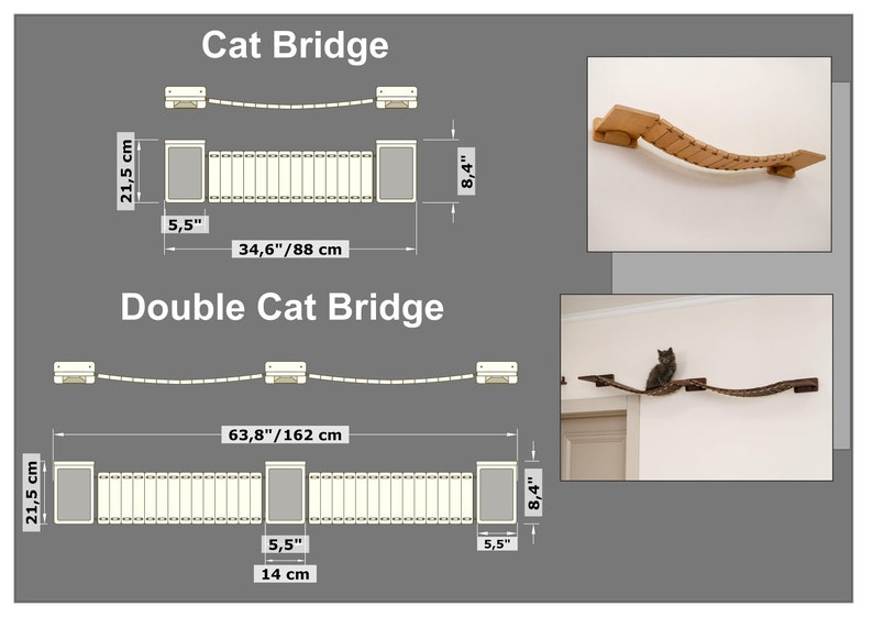 May include: Diagrams of cat bridges, including a single bridge (34.6"/88 cm long) and a double bridge (63.8"/162 cm long). The bridges are made of wood and designed to be mounted on a wall. The image also shows a cat using a bridge.