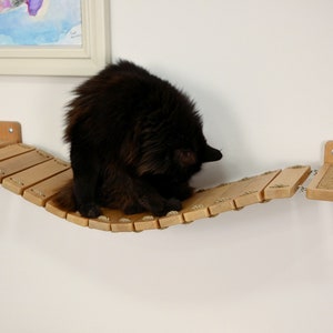 May include: A wooden cat bridge with two platforms and a curved walkway. The bridge is made of light-colored wood and rope, with a textured surface on the platforms. A black cat is sitting on the bridge.