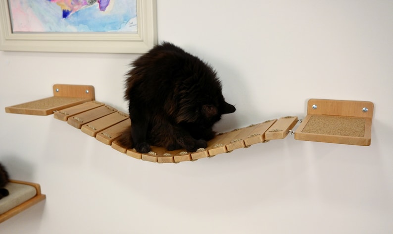 May include: A wooden cat bridge with two platforms and a curved walkway. The bridge is made of light-colored wood and rope, with a textured surface on the platforms. A black cat is sitting on the bridge.