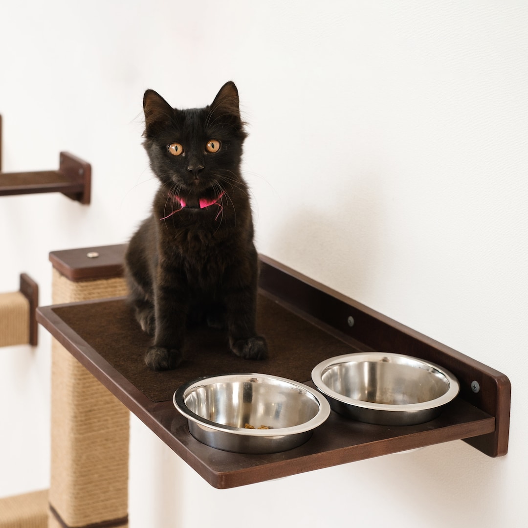 Cat Shelf With Bowls, Cat Feeding Shelf, Wall Mounted Cat Feeder, Cat