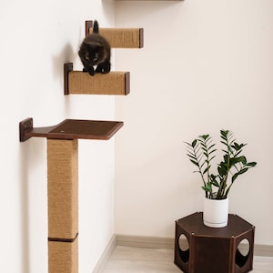 Cat Scratching Post with Shelf and Steps with Jute, Wood Cat Tree, Cat Wall Furniture, Modern Cat Furniture Cat Shelves, Cat Shelf, Cat Tree image 5