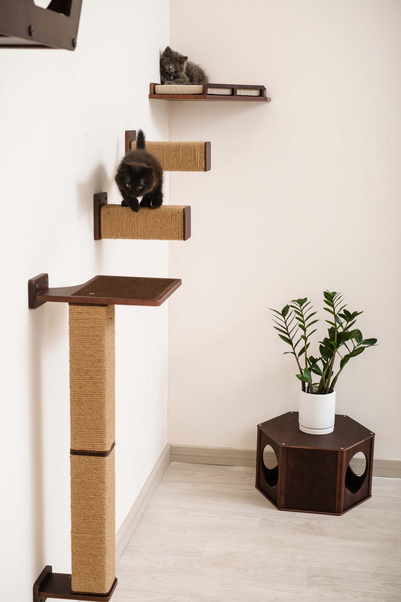 Cat Scratching Post with Shelf and Steps with Jute, Wood Cat Tree, Cat Wall Furniture, Modern Cat Furniture Cat Shelves, Cat Shelf, Cat Tree image 5