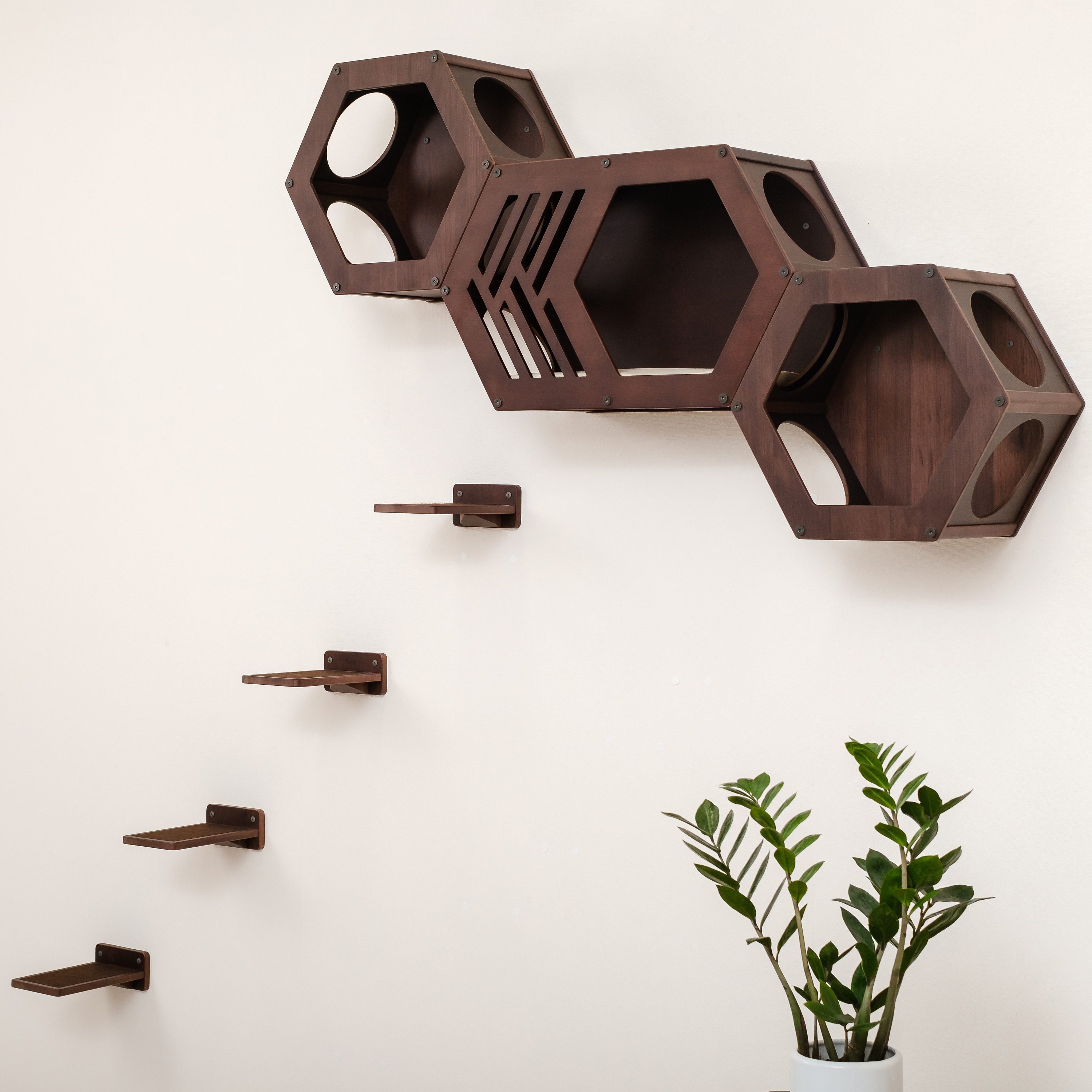 Hexagon Cat House Natural Wood Wall Shelf & Bed
