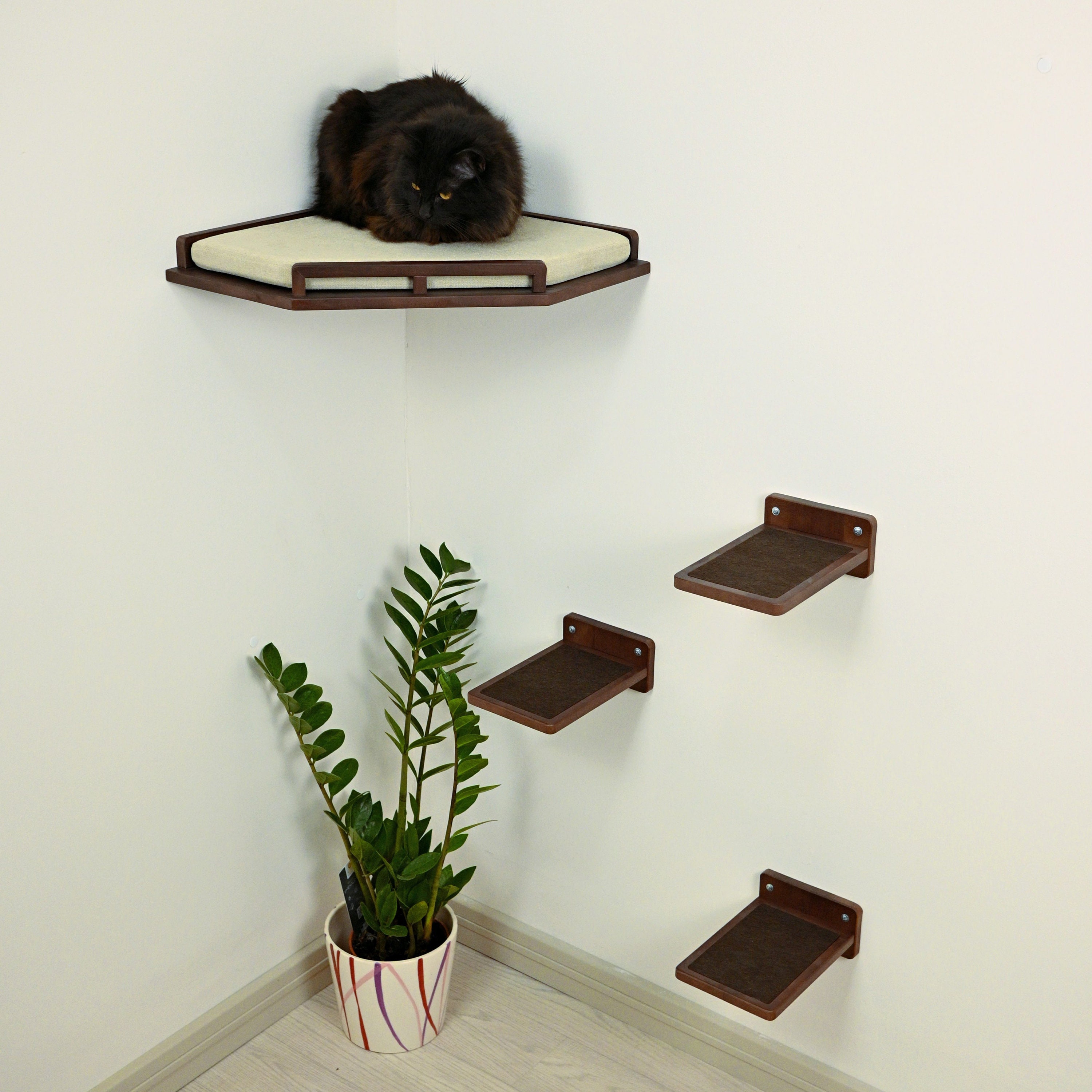 Corner Cat Shelf With Cushion + 3 Steps, Cat Corner Wall Bed, Cat Wall ...