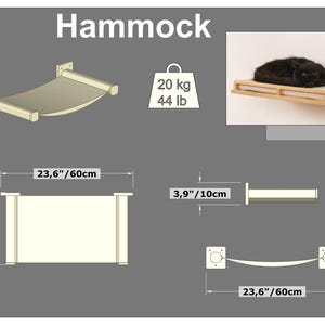 May include: A cat hammock with a beige fabric bed, supported by wooden posts. The hammock is 23.6 inches (60cm) wide and can hold up to 44 lb (20 kg). Dimensions are 13 inches (33 cm) high and 3.9 inches (10 cm) deep.