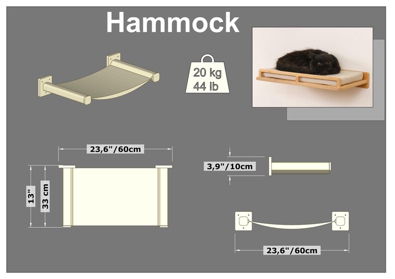 May include: A cat hammock with a beige fabric bed, supported by wooden posts. The hammock is 23.6 inches (60cm) wide and can hold up to 44 lb (20 kg). Dimensions are 13 inches (33 cm) high and 3.9 inches (10 cm) deep.