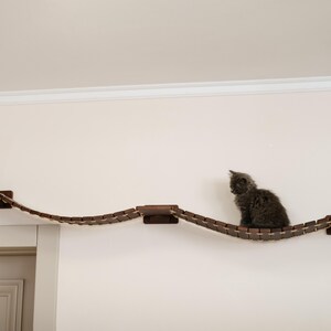 May include: A dark gray kitten sits on a wooden cat bridge mounted on a white wall. The bridge is made of dark brown wooden blocks connected by rope, with platforms at each end and in the middle. The cat looks to the side.